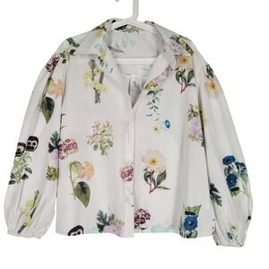 White Floral Button Blouse Top Size Large Botanical Boho Cottage